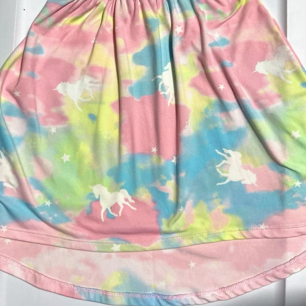 Kids Girls Size XS 4/5 Maxi Dress Set Of 2 Tie Dye Unicorn & Blue Flowers NEW